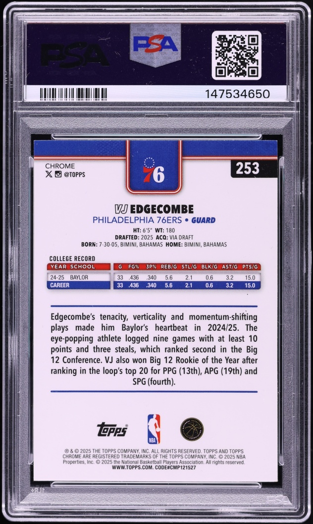 2025 Topps Chrome Blue Refractor VJ Edgecombe ROOKIE /150 #253 PSA 10 GEM MINT