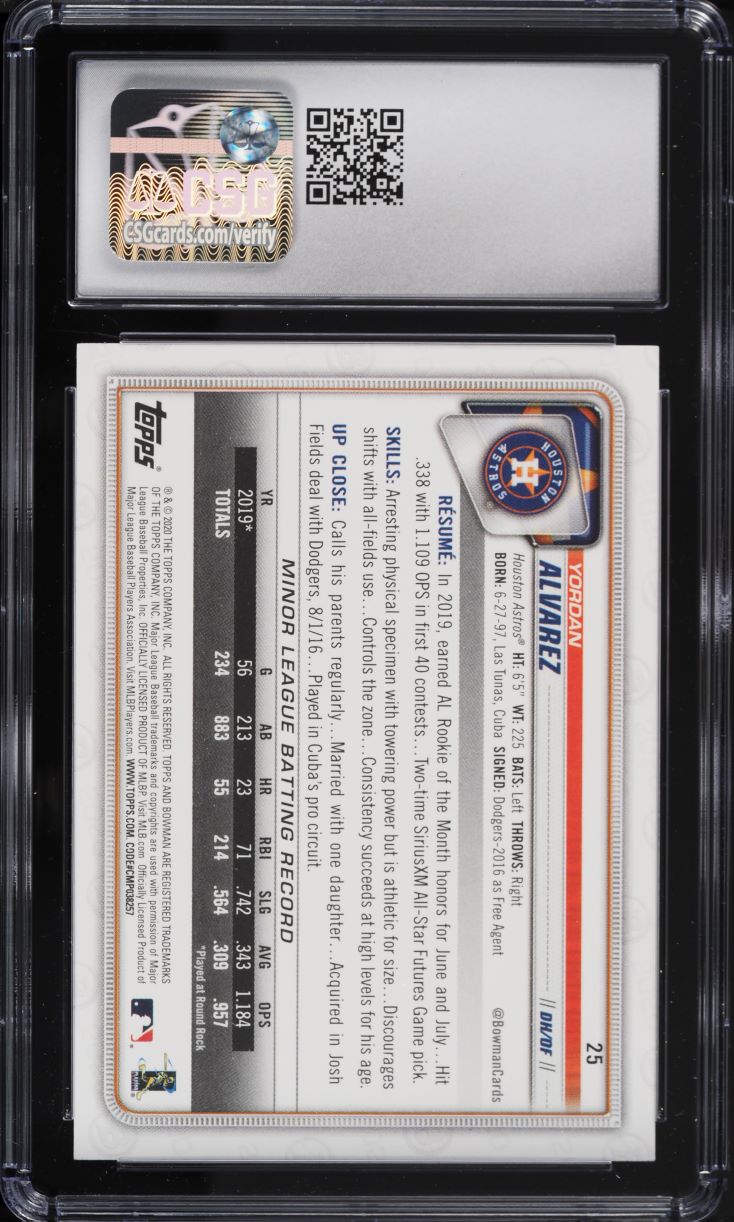 2020 Bowman Yordan Alvarez ROOKIE #25 CSG 8 NM-MT