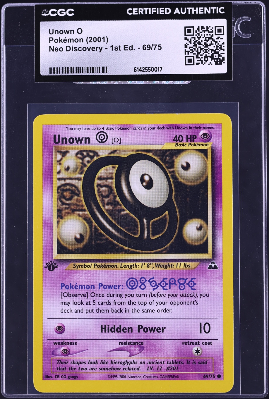 2001 Pokemon Neo Discovery 1st Edition Unown O #69 CGC AUTH