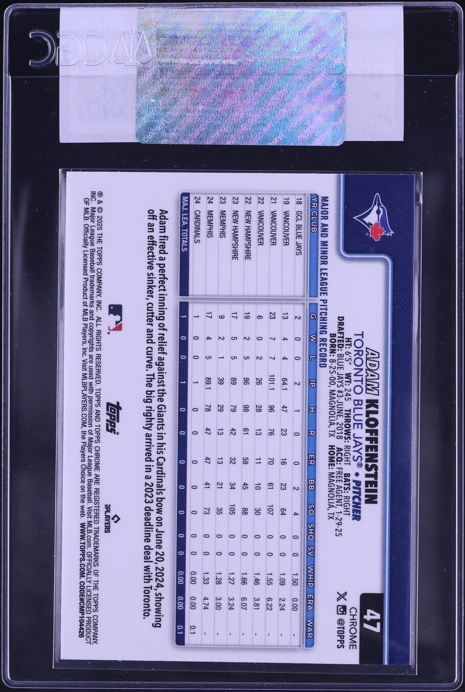 2025 Topps Chrome Adam Kloffenstein ROOKIE #47 CGC AUTH