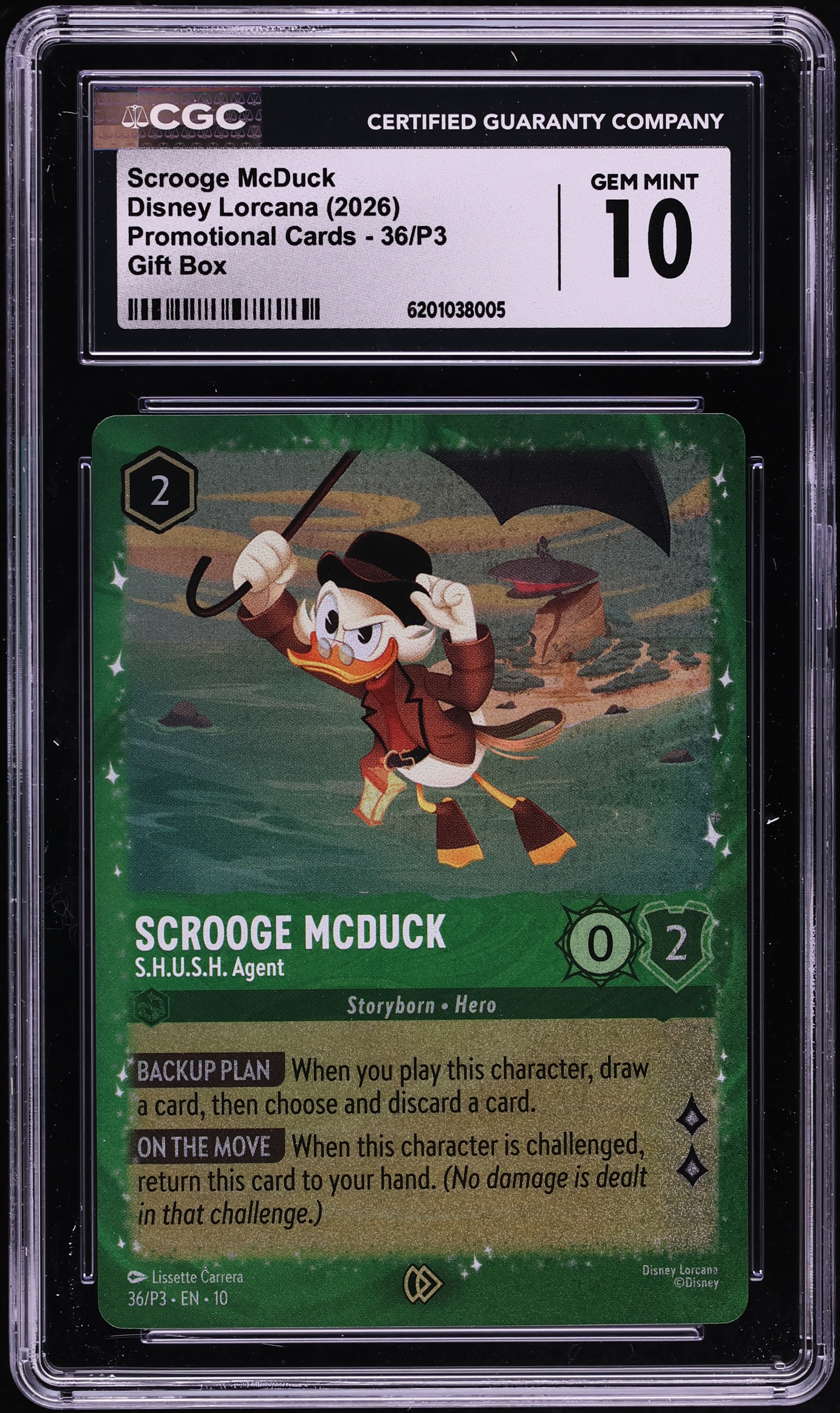 2026 Disney Lorcana Promo Gift Box Scrooge McDuck S.H.U.S.H. Agent #36 CGC 10 GEM MINT