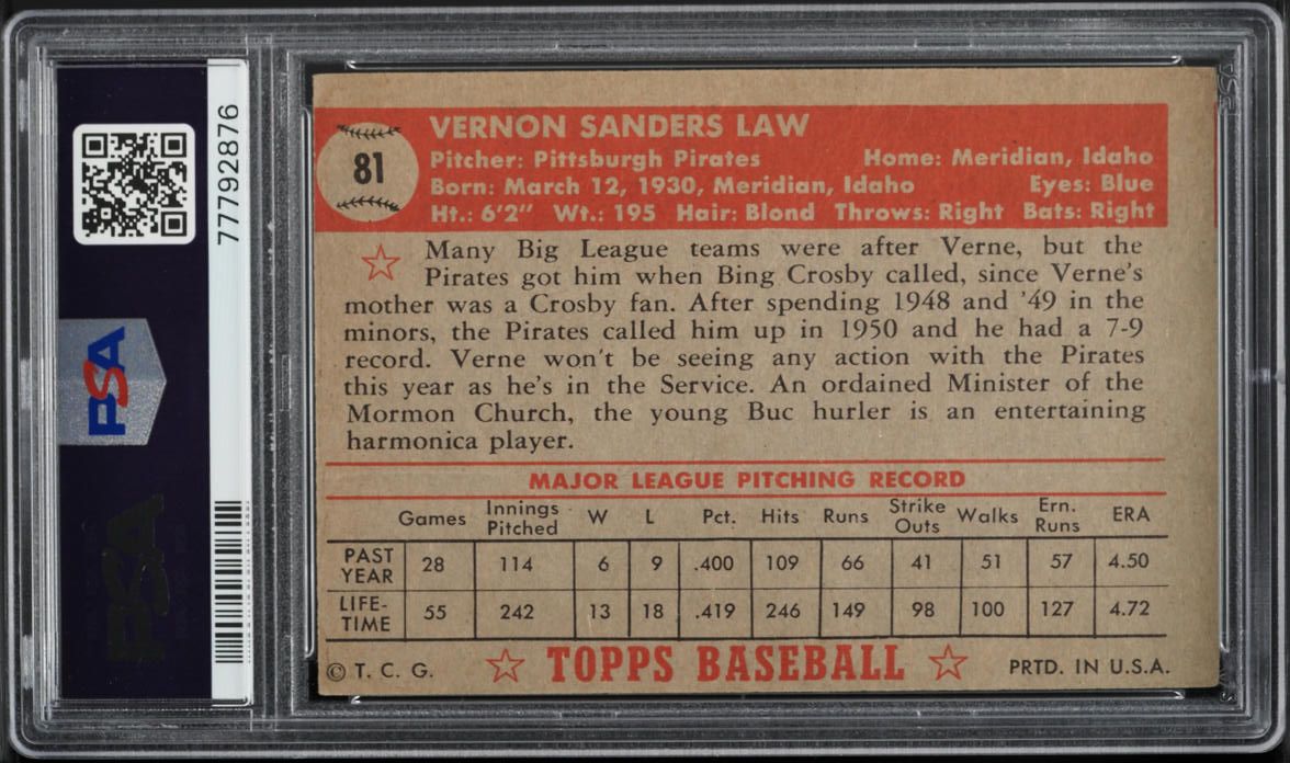 1952 Topps Vernon Law #81 PSA 2(mc) GD