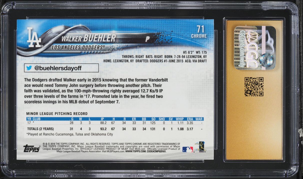 2018 Topps Chrome Prism Refractor Walker Buehler ROOKIE #71 CGC 10 PRISTINE