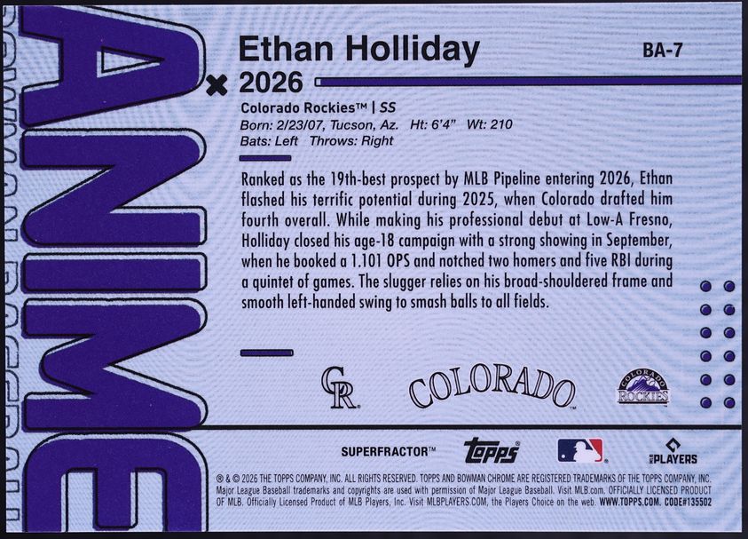 2026 Bowman Anime Superfractor Ethan Holliday PROSPECT 1/1 #BA-7 CGC AUTH