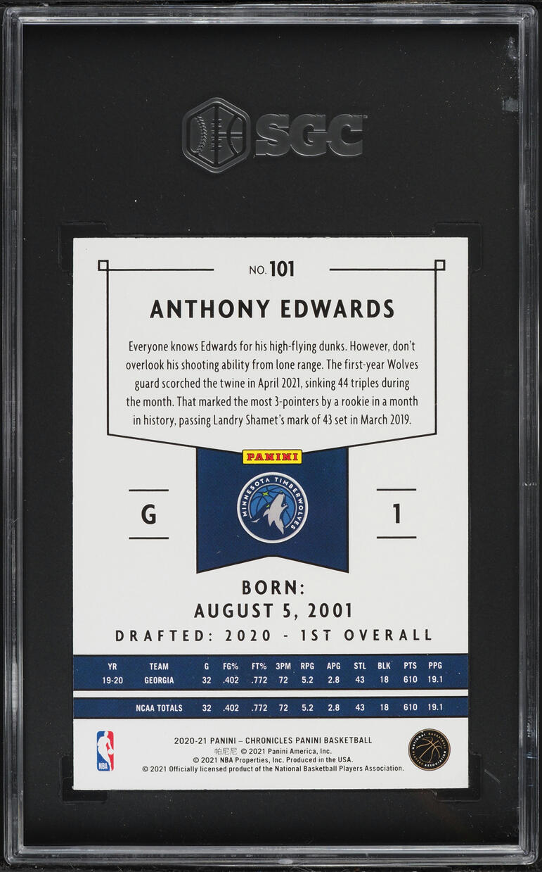 2020 Panini Chronicles Anthony Edwards ROOKIE #101 SGC 9.5 MINT+