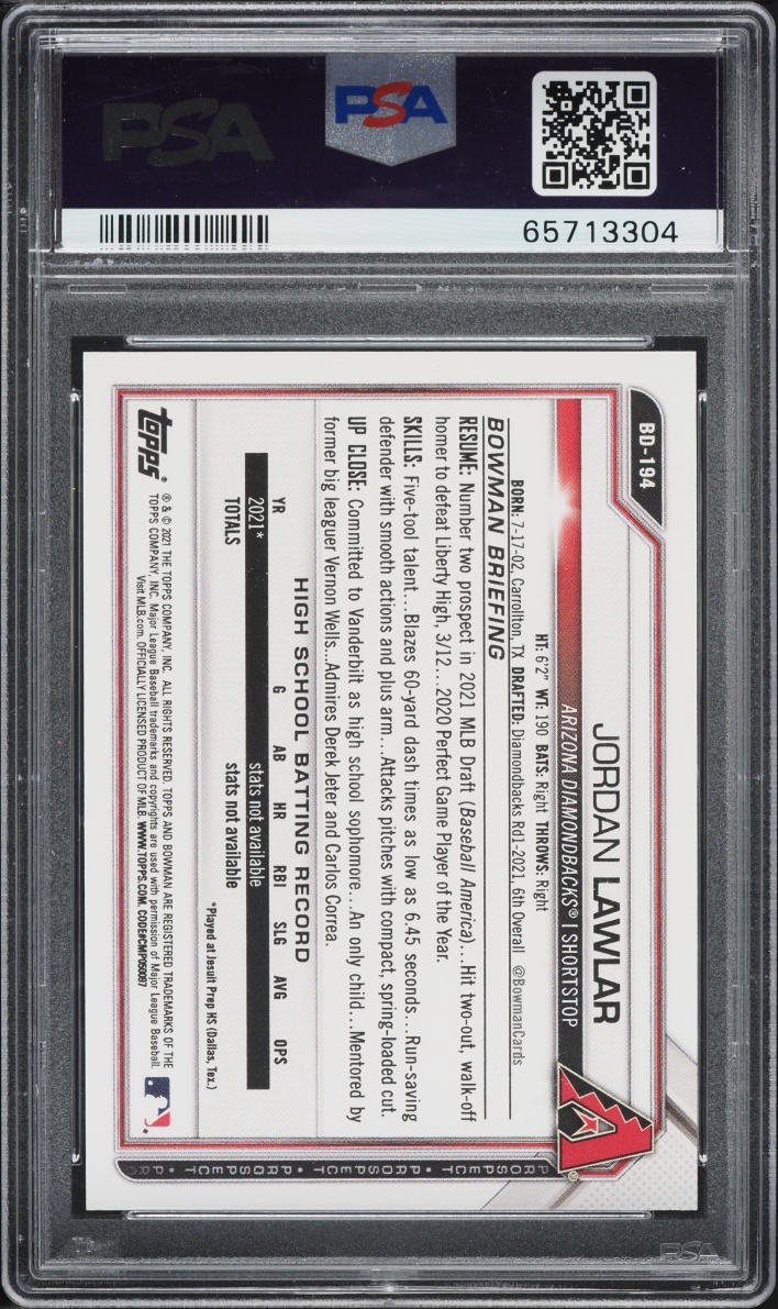 2021 Bowman Draft 1st Edition Jordan Lawlar PROSPECT #BD-194 PSA 9 MINT