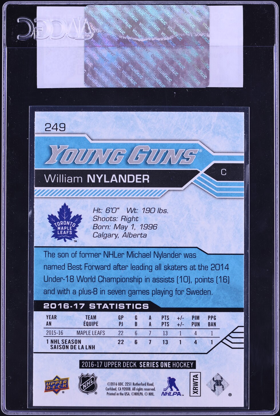 2016 Upper Deck Young Guns William Nylander ROOKIE #249 CGC AUTH
