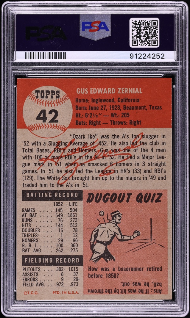1953 Topps Gus Zernial #42 PSA 8 NM-MT