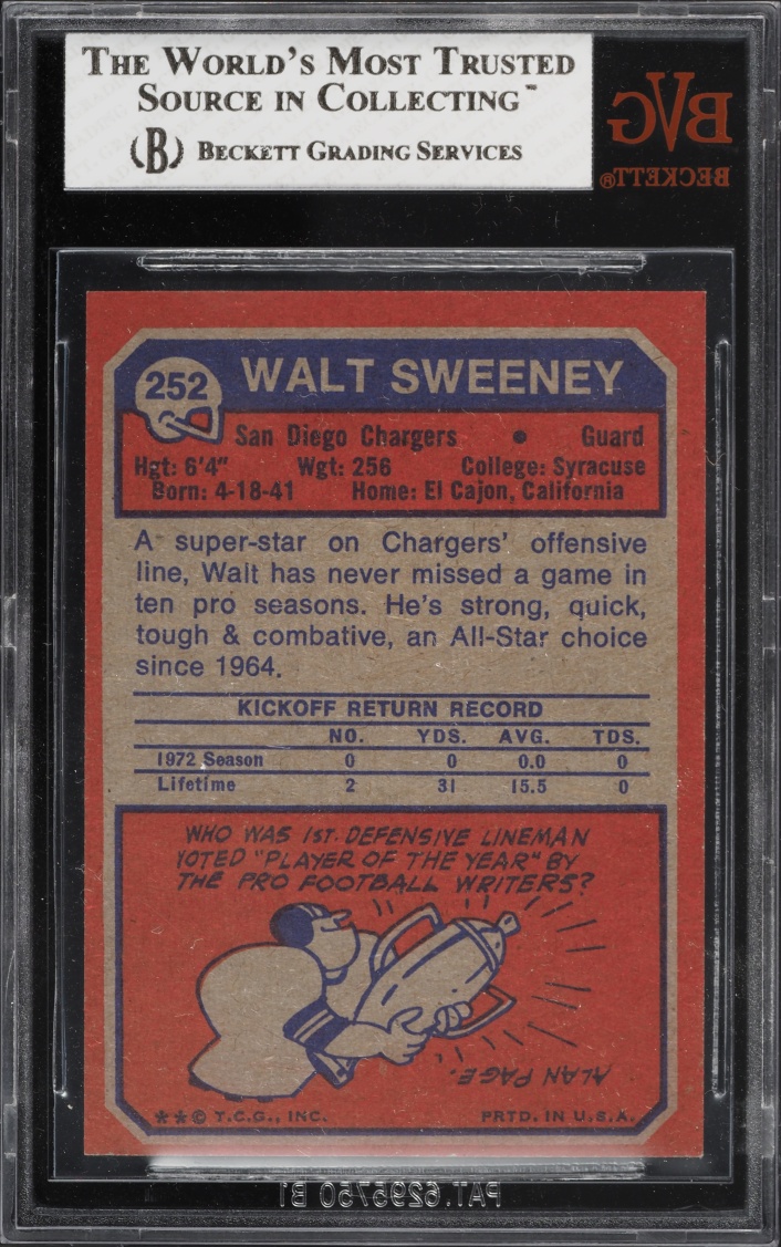 1973 Topps Football Walt Sweeney #252 BVG 8 NM-MT