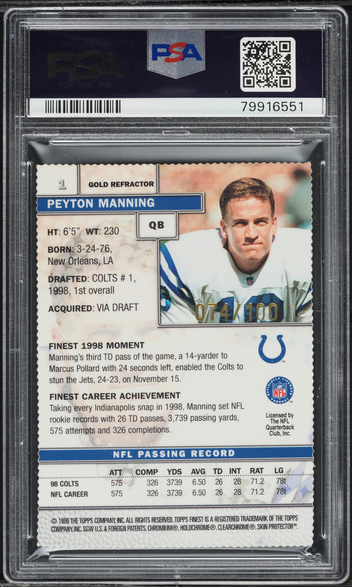 1999 Finest Gold Refractor w/ Coating Peyton Manning /100 #1 PSA 9 MINT
