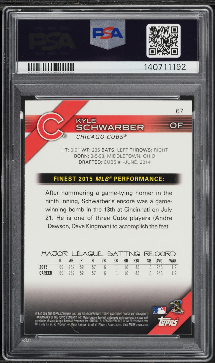 2016 Finest Kyle Schwarber ROOKIE #67 PSA 9 MINT