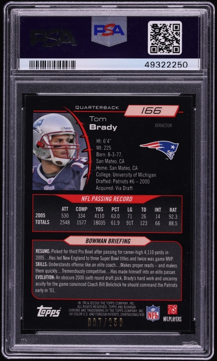 2006 Bowman Chrome Xfractor Tom Brady /250 #166 PSA 9 MINT