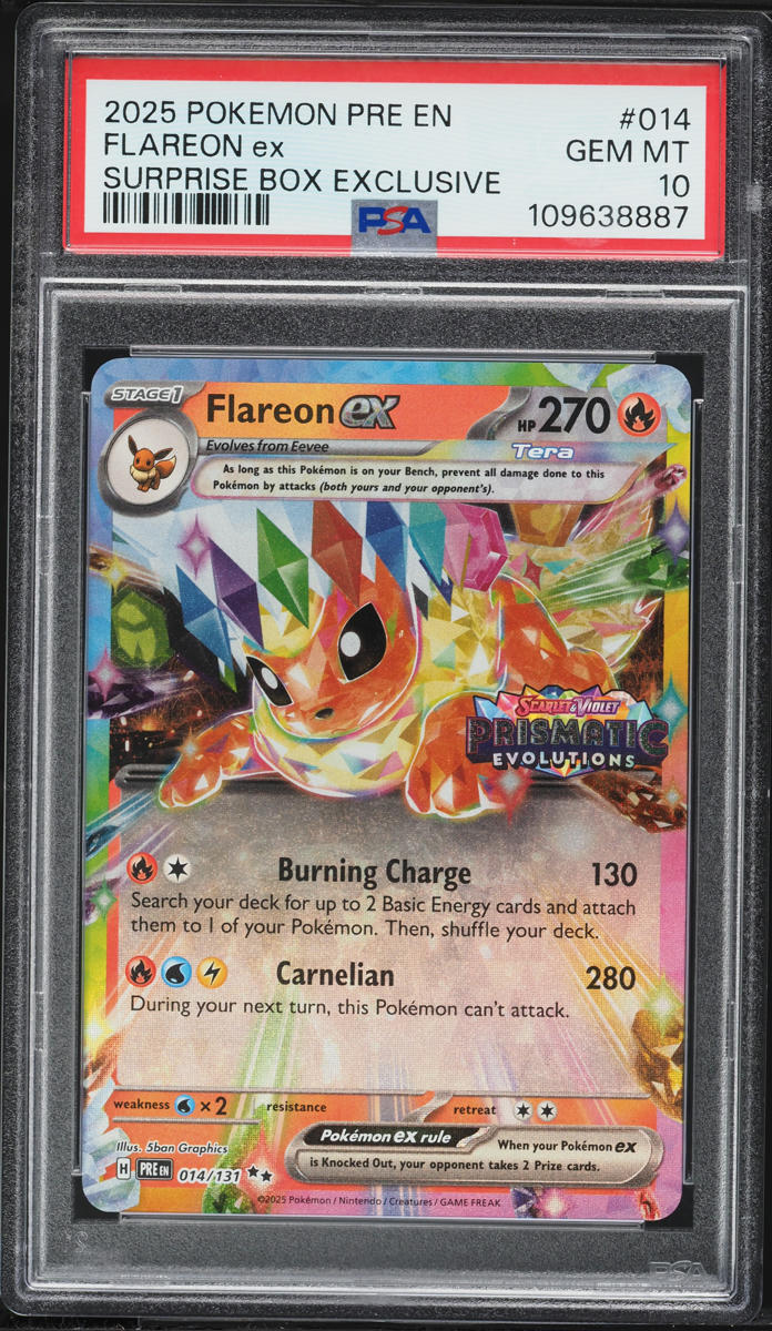2025 Pokemon Scarlet & Violet Prismatic Evolutions Surprise Box Flareon ex #14 PSA 10 GEM MINT