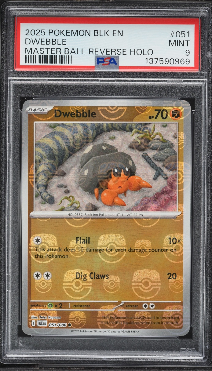 2025 Pokemon Scarlet & Violet Black Bolt Master Ball Reverse Holo Dwebble #051 PSA 9 MINT