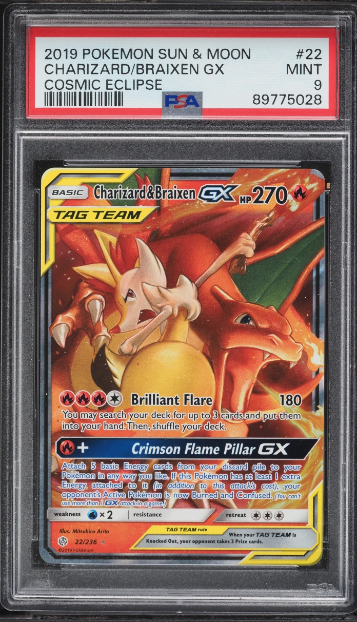 2019 Pokemon Sun & Moon Cosmic Eclipse Holo Charizard & Braixen GX #22 PSA 9 MINT