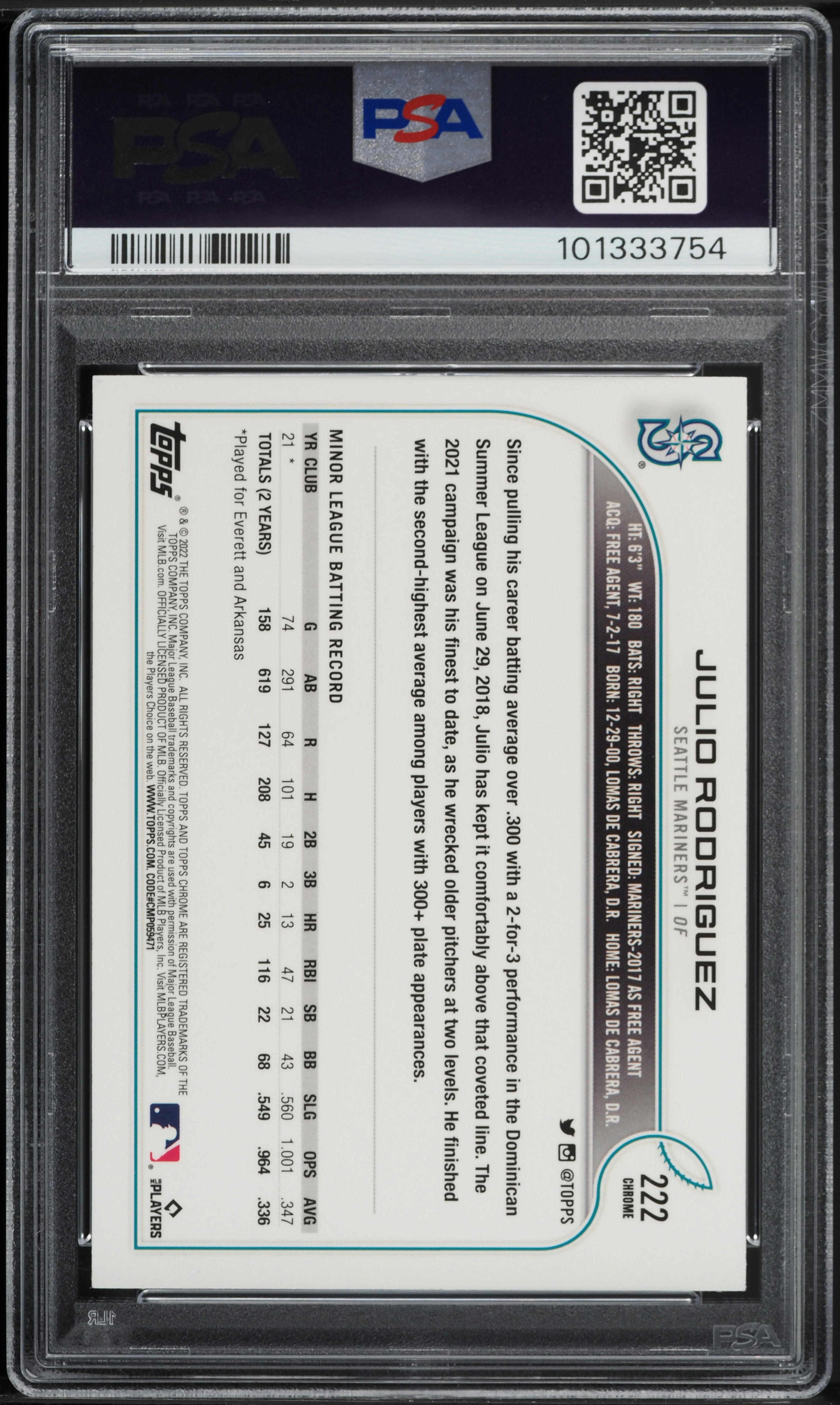 2022 Topps Chrome Sonic SP Julio Rodriguez ROOKIE #222 PSA 9