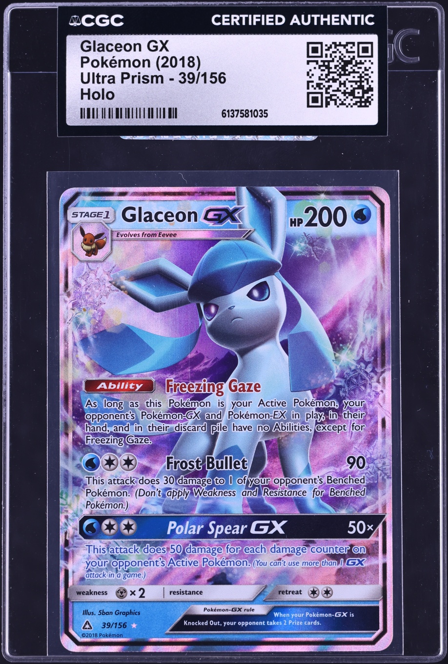 2018 Pokemon Sun & Moon Ultra Prism Glaceon GX #39 CGC AUTH