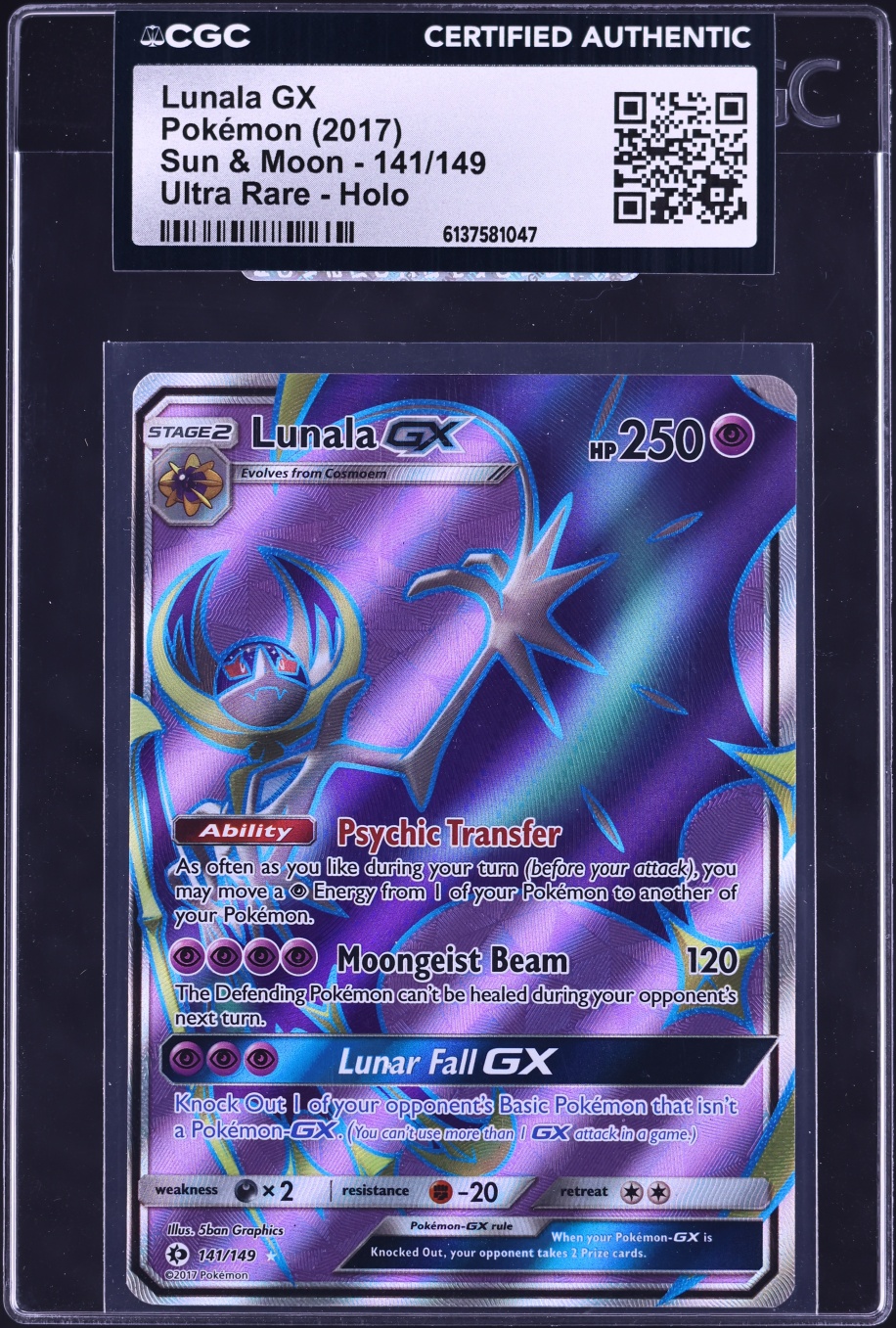 2017 Pokemon Sun & Moon Full Art Lunala GX #141 CGC AUTH