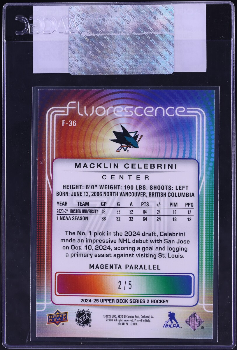 2024 Upper Deck Fluorescence Magenta Macklin Celebrini ROOKIE /5 #F-36 CGC AUTH