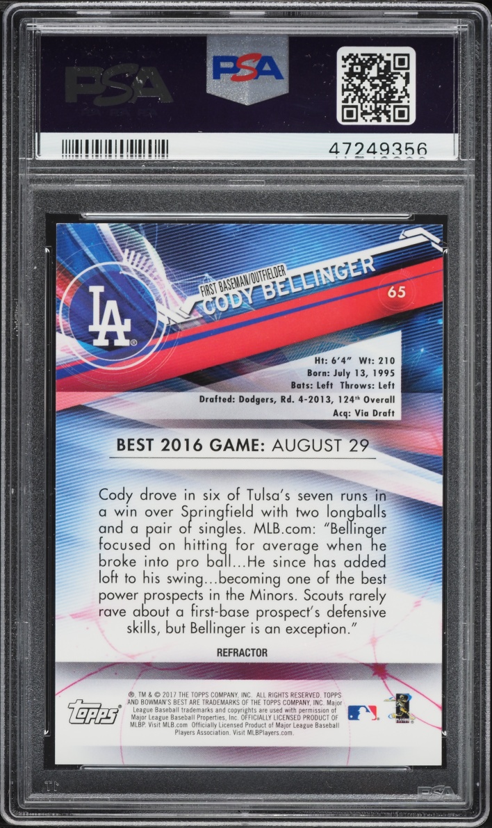 2017 Bowman's Best Green Refractor Cody Bellinger ROOKIE /99 #65 PSA 10 GEM MINT