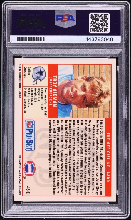 1989 Pro Set Football Troy Aikman ROOKIE #490 PSA 8 NM-MT