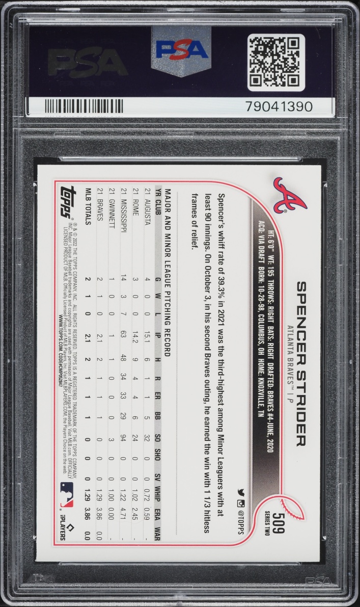 2022 Topps Spencer Strider ROOKIE #509 PSA 10 GEM MINT