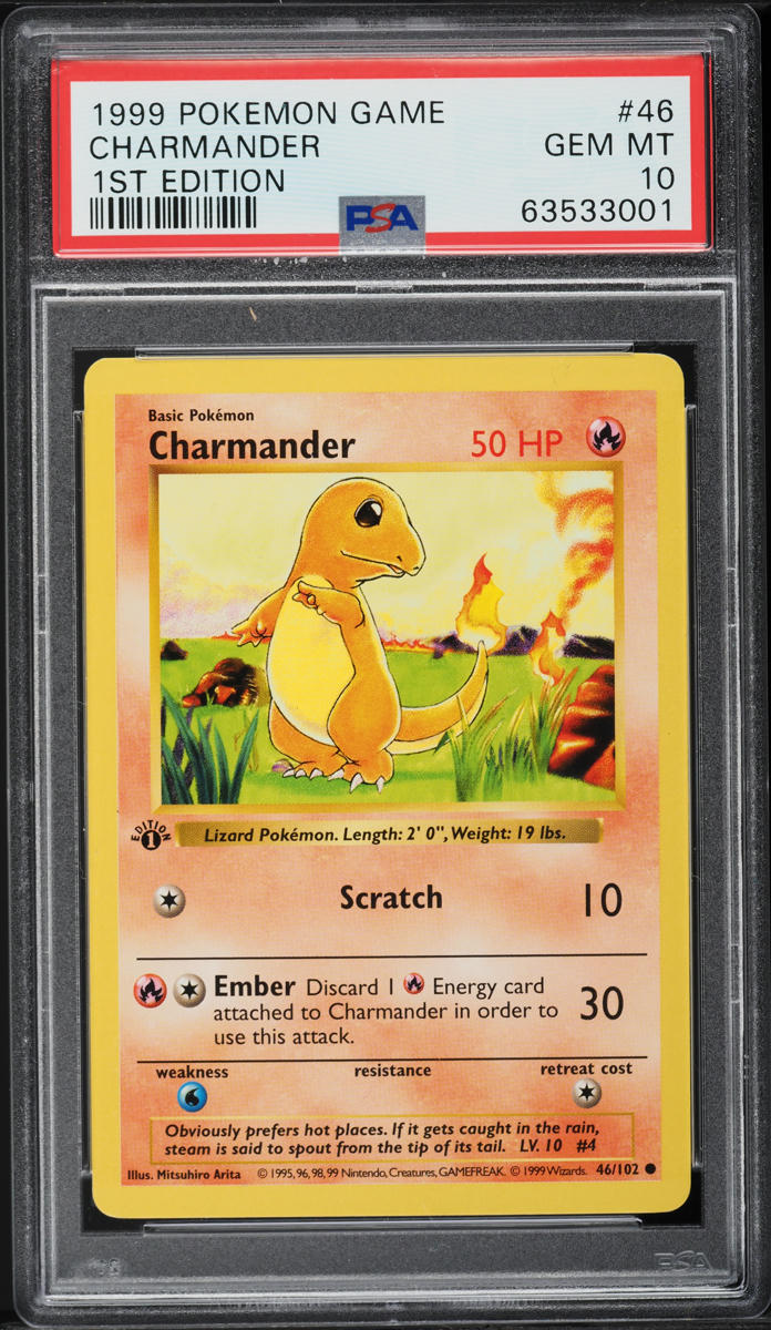 1999 Pokemon Base Set Shadowless 1st Edition Charmander #46 PSA 10 GEM MINT