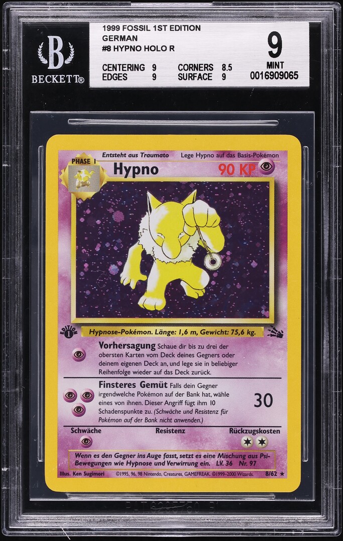 1999 Pokemon German Fossil 1st Edition Holo Hypno #8 BGS 9 MINT