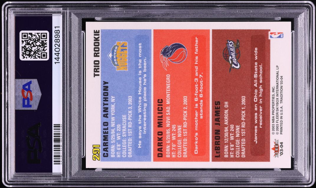 2003 Fleer Tradition LeBron James & Darko Milicic & Carmelo Anthony ROOKIE #291 PSA 9 MINT