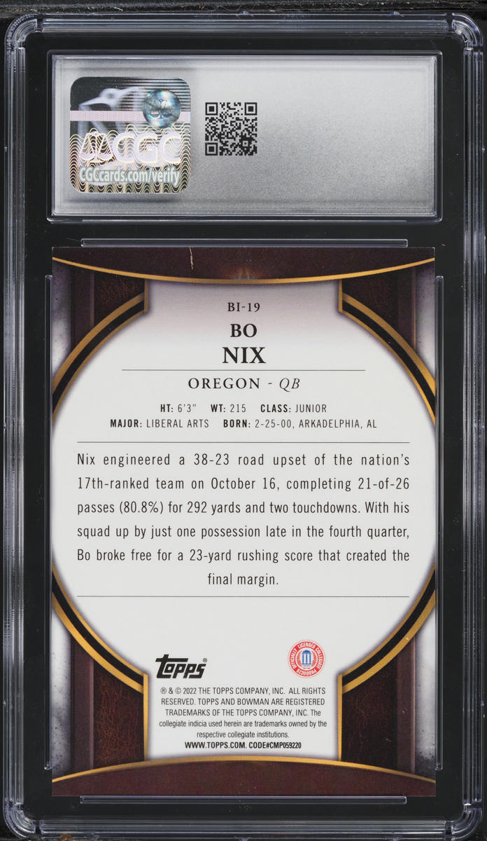 2022 Bowman Chrome University Invicta Bo Nix ROOKIE #BI-19 CGC 9 MINT
