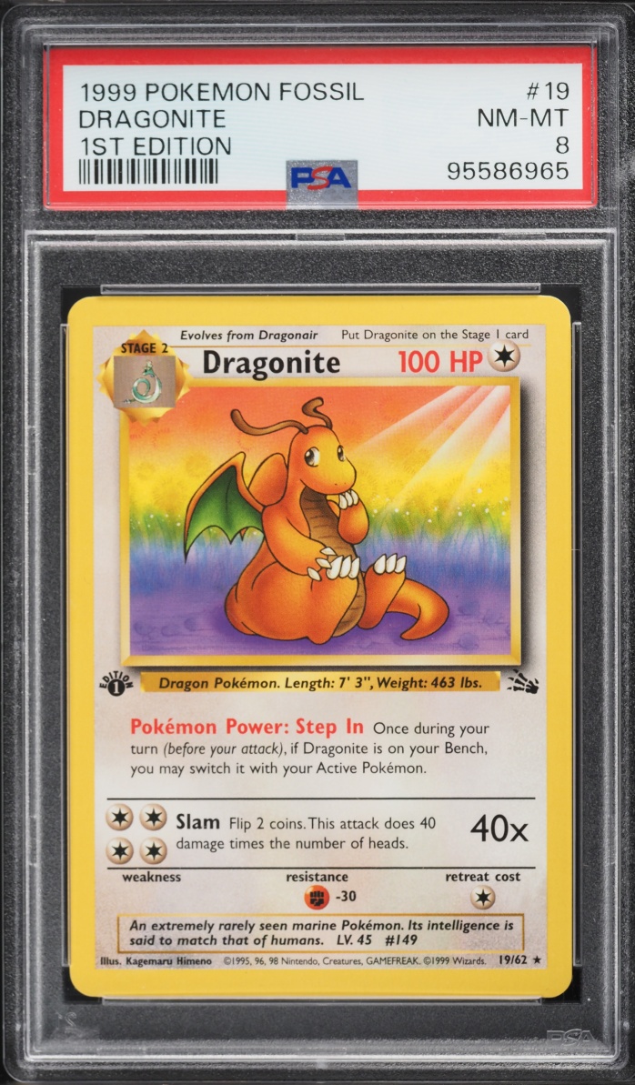 1999 Pokemon Fossil 1st Edition Dragonite #19 PSA 8 NM-MT