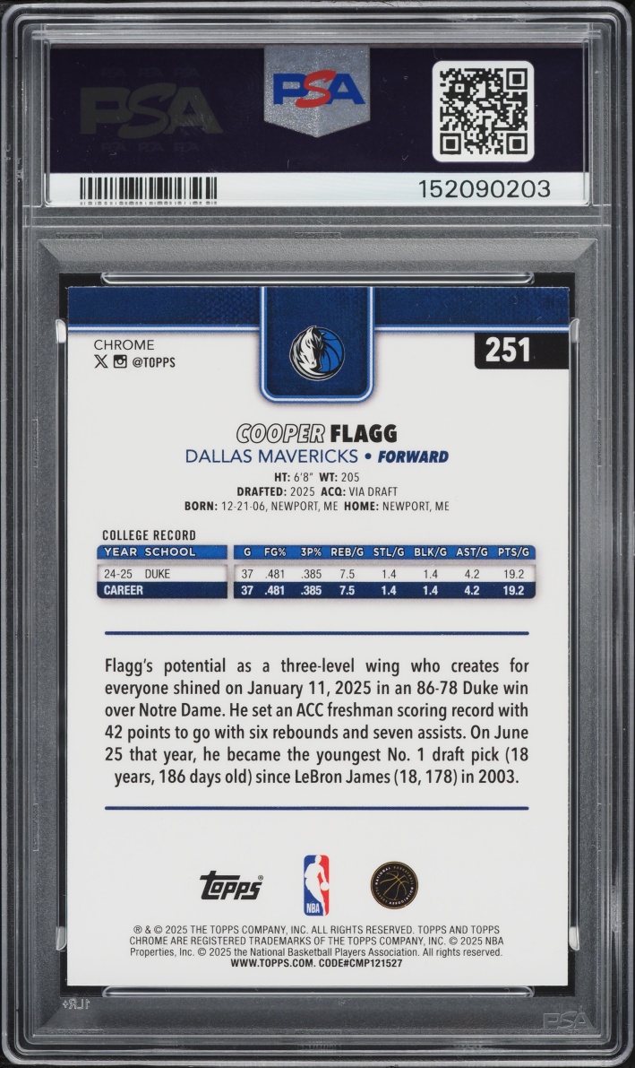 2025 Topps Chrome Prism Refractor Cooper Flagg ROOKIE #251 PSA 9 MINT
