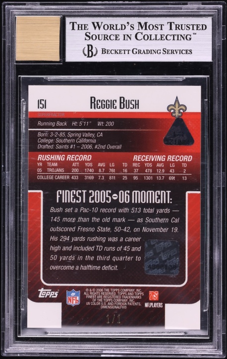 2006 Finest Superfractor Reggie Bush ROOKIE AUTO 1/1 #151 BGS 9 MINT