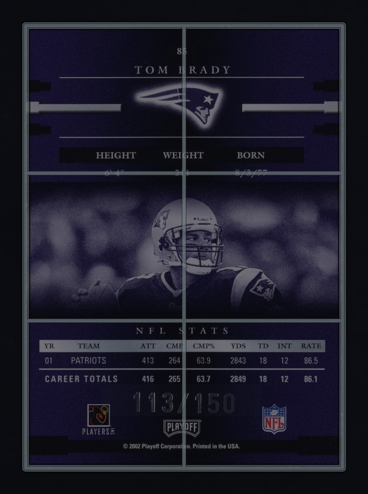 2002 Playoff Prestige Xtra Points Purple Tom Brady /150 #85 MBA AUTH
