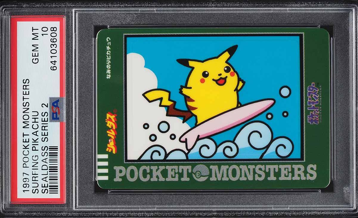 1997 Pokemon Japanese Pocket Monsters Sealdass Series 2 Surfing Pikachu PSA 10