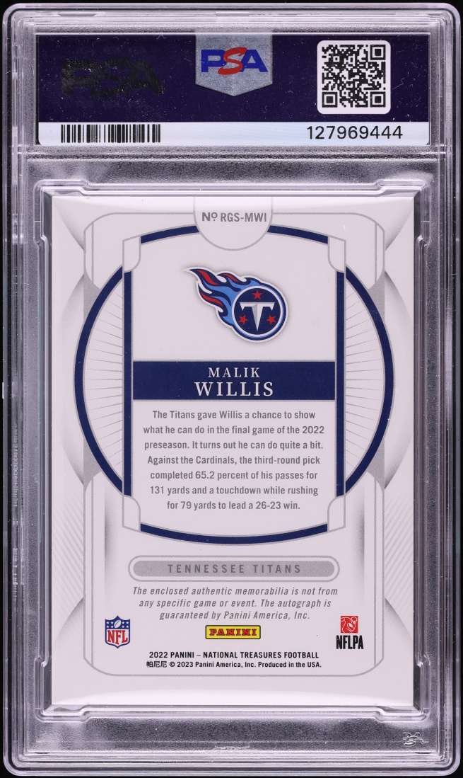 2022 National Treasures Laundry Tag Malik Willis ROOKIE NFL SHIELD PATCH AUTO 1/1 #RGSMWI PSA 9