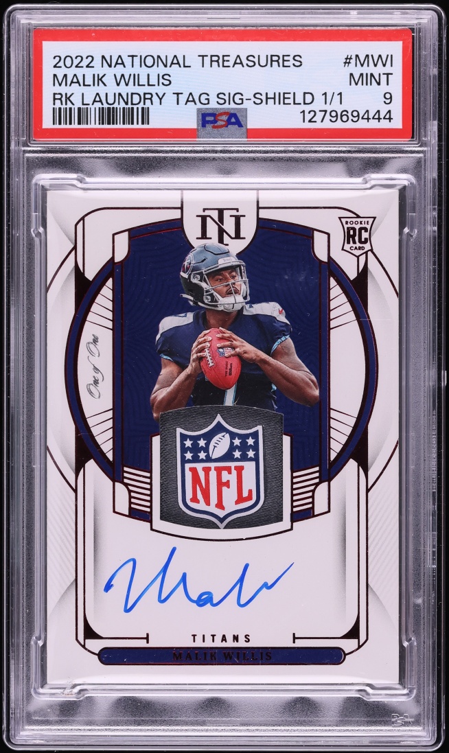 2022 National Treasures Laundry Tag Malik Willis ROOKIE NFL SHIELD PATCH AUTO 1/1 #RGSMWI PSA 9