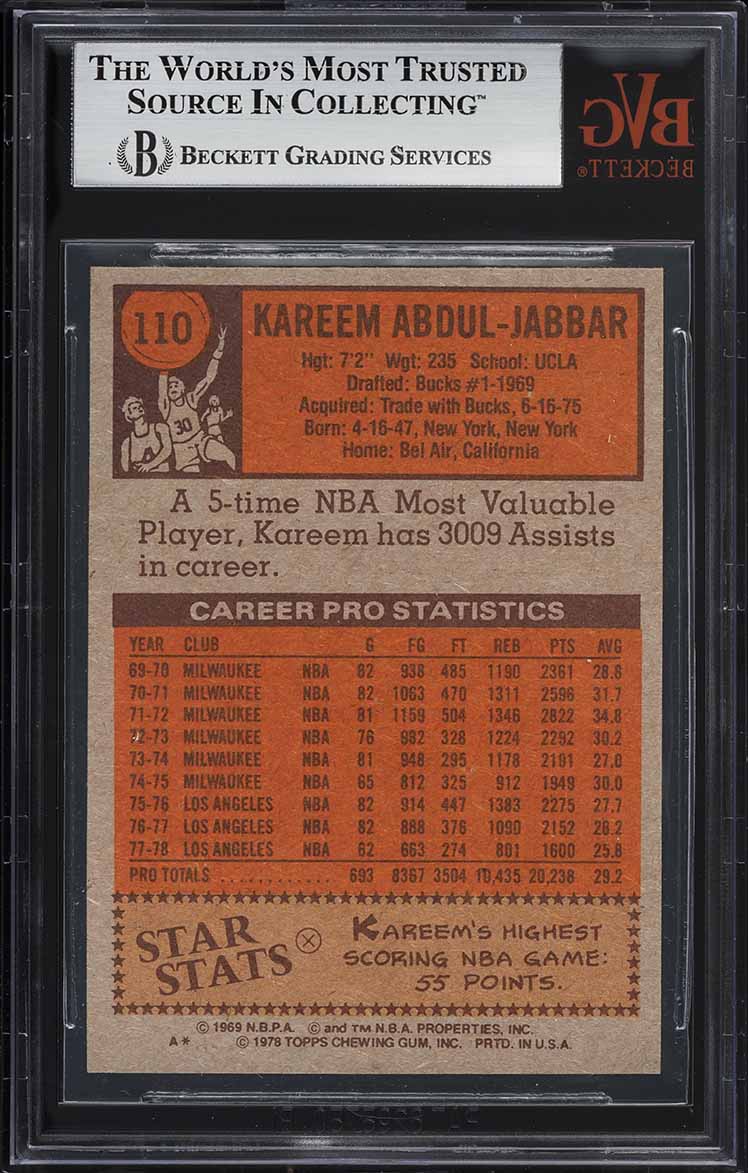 1978 Topps Basketball Kareem Abdul-Jabbar ALL-STAR #110 BVG 7 NRMT