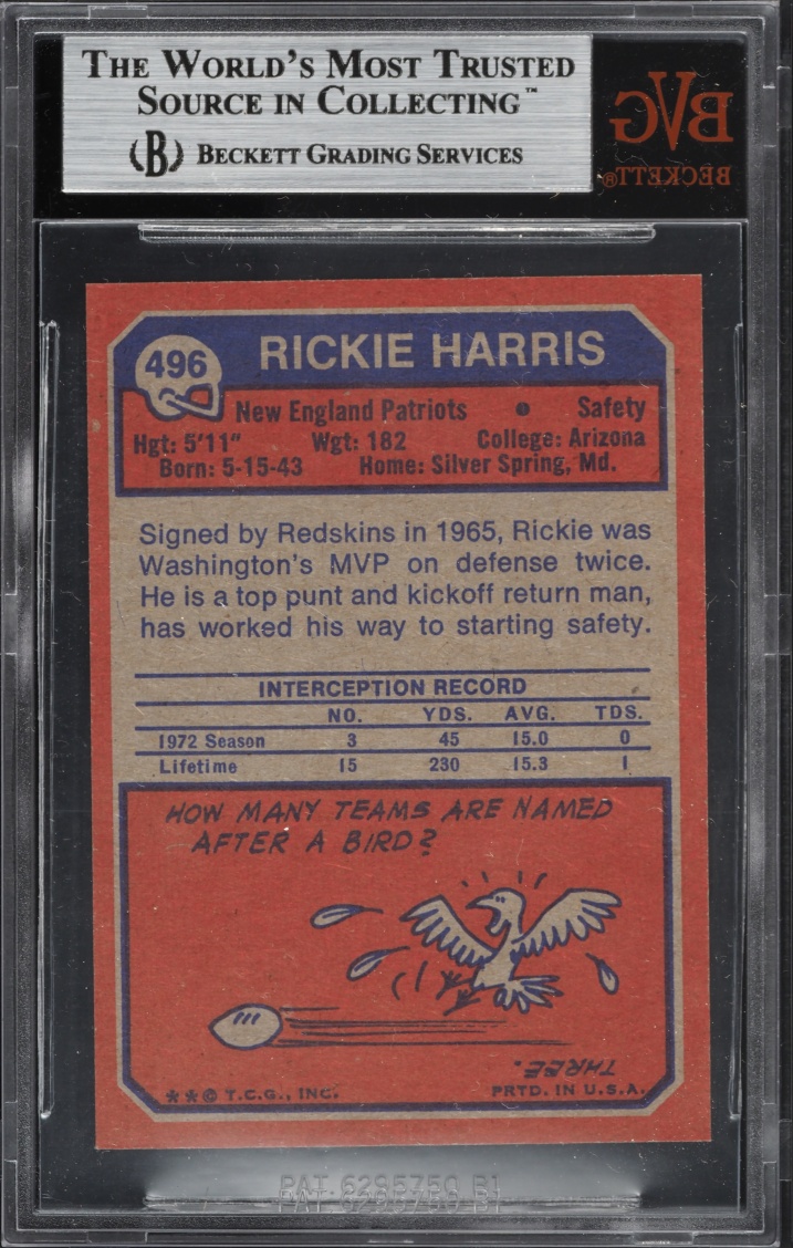 1973 Topps Football Rickie Harris #496 BVG 8.5 NM-MT+