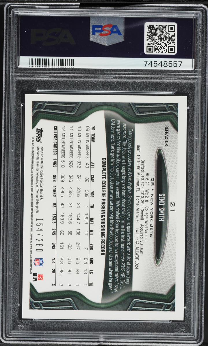 2013 Topps Chrome Prism Refractor Geno Smith ROOKIE /260 #21 PSA 9 MINT