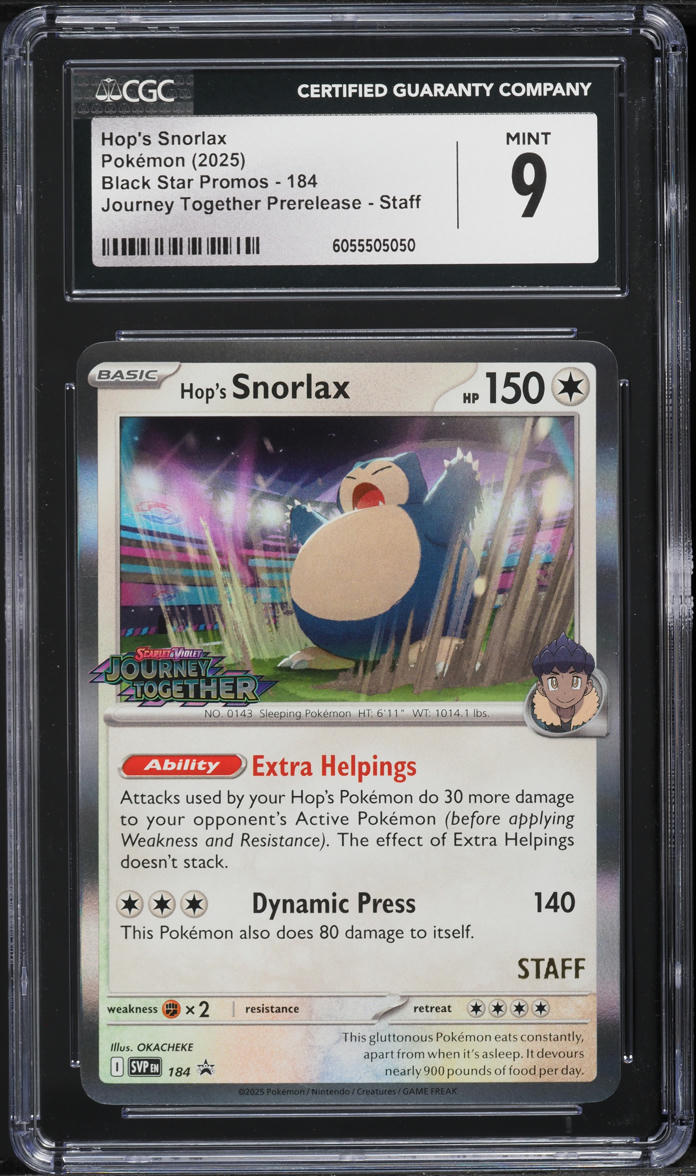 2025 Pokemon SV Promo Journey Together Prerelease Staff Hop's Snorlax #184 CGC 9 MINT