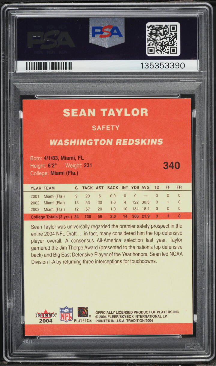 2004 Fleer Tradition Sean Taylor ROOKIE #340 PSA 9 MINT