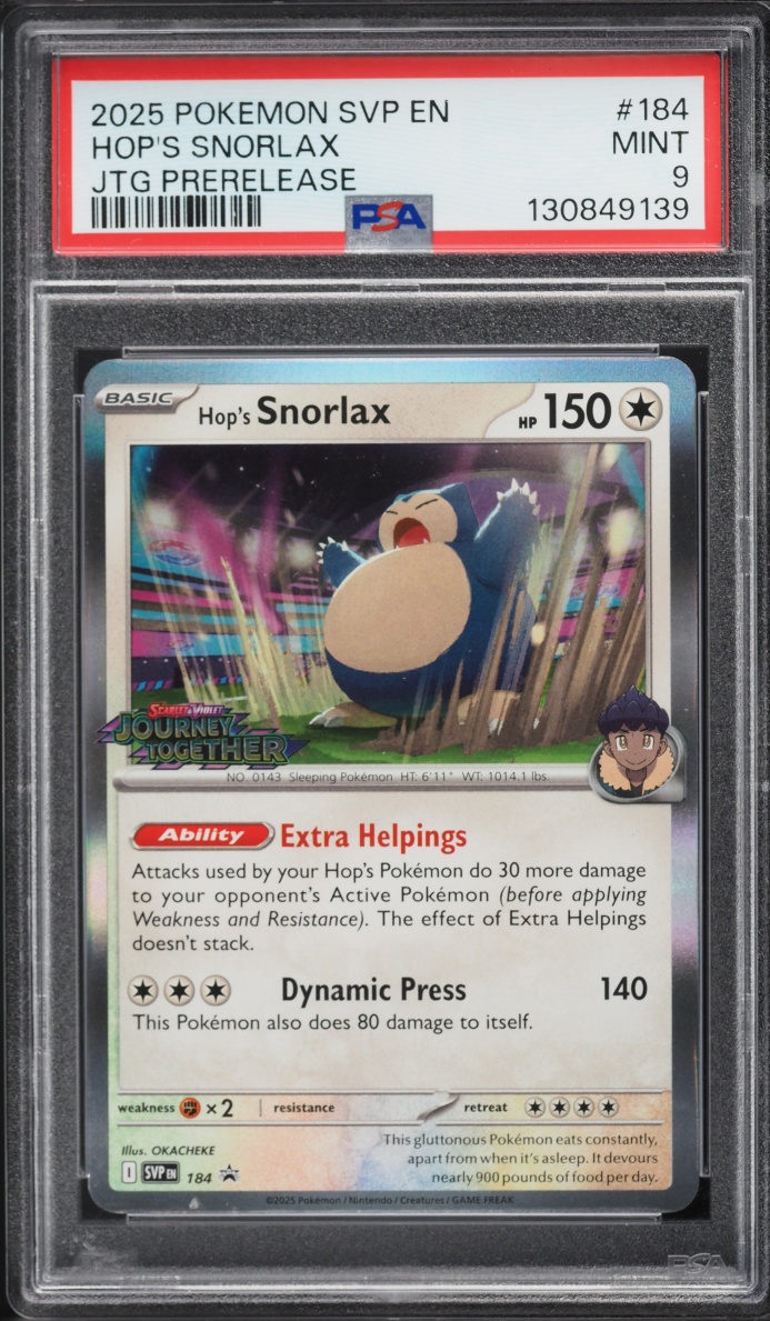 2025 Pokemon SV Black Star Promo Journey Together Prerelease Hop's Snorlax #184 PSA 9 MINT