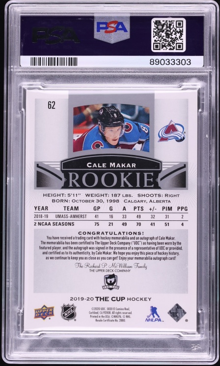2019 Upper Deck The Cup Cale Makar ROOKIE PATCH AUTO DNA 10 /99 #62 PSA 9 MINT