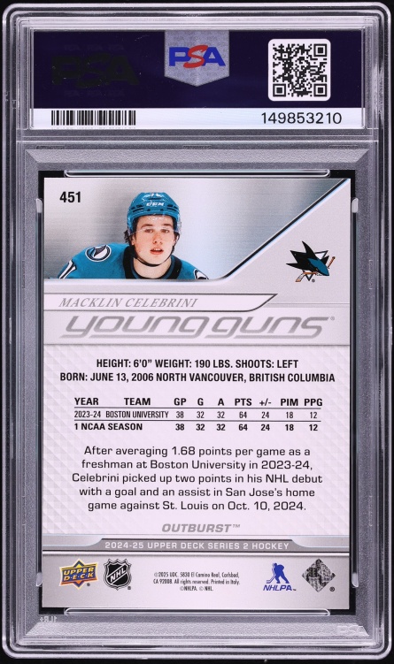 2024 Upper Deck Young Guns Outburst Macklin Celebrini ROOKIE #451 PSA 10 GEM MINT