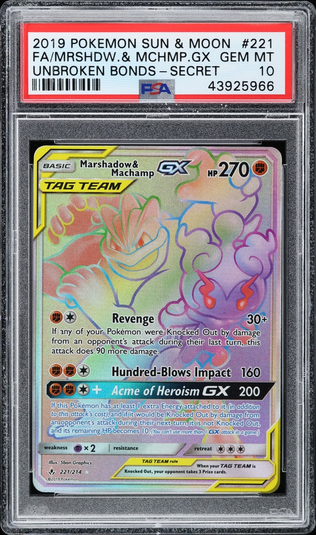 2019 Pokemon Sun & Moon Unbroken Bonds Rainbow Rare Marshadow & Machamp GX #221 PSA 10 GEM MINT