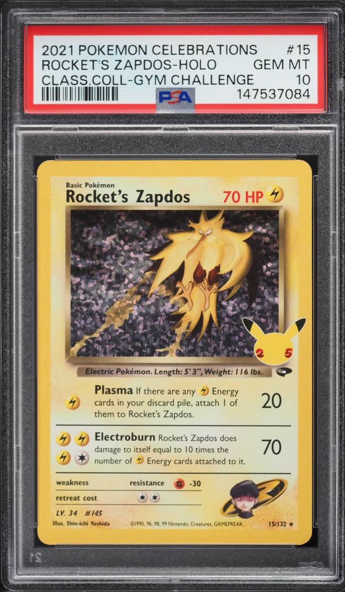 2021 Pokemon Sword & Shield Celebrations Gym Challenge Holo Rocket's Zapdos #15 PSA 10 GEM MINT