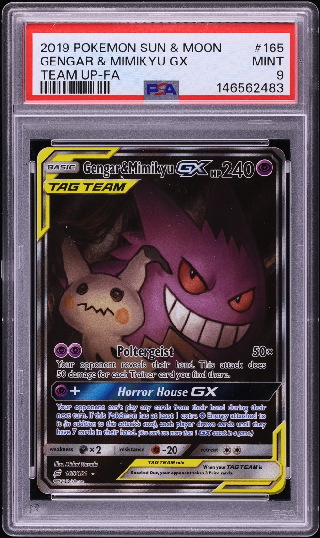 2019 Pokemon Sun & Moon Team Up Full Art Gengar & Mimikyu GX #165 PSA 9 MINT