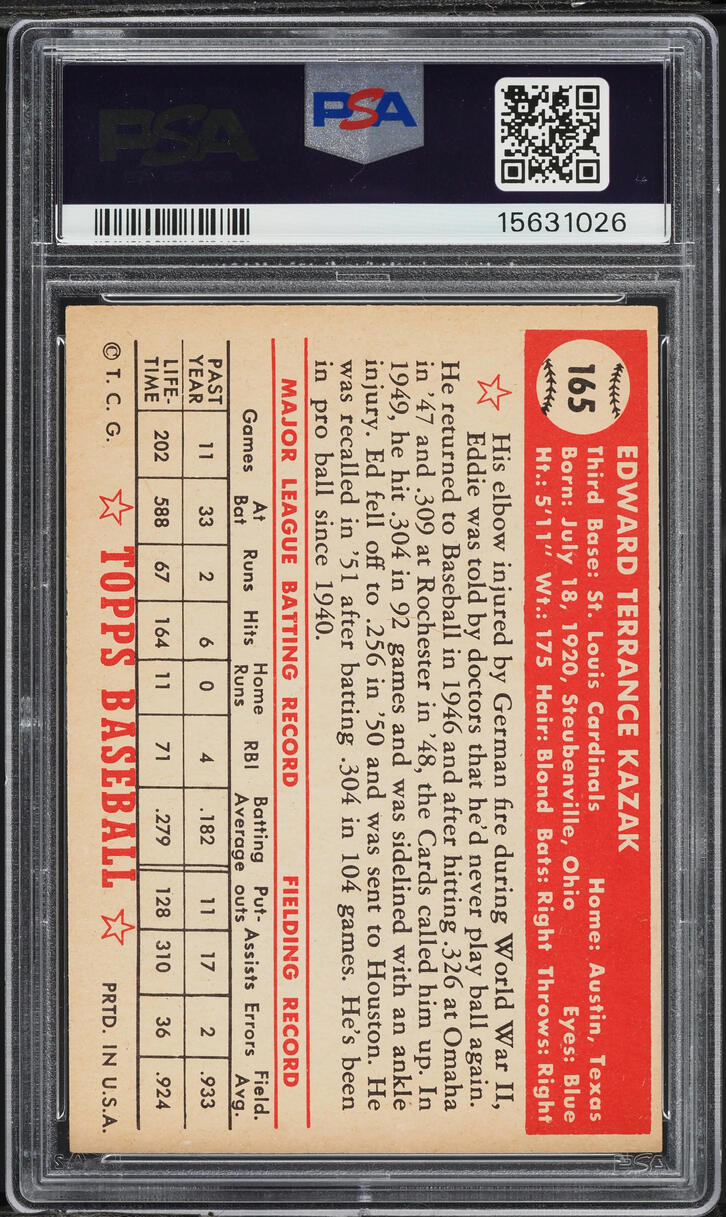 1952 Topps Eddie Kazak #165 PSA 7 NRMT