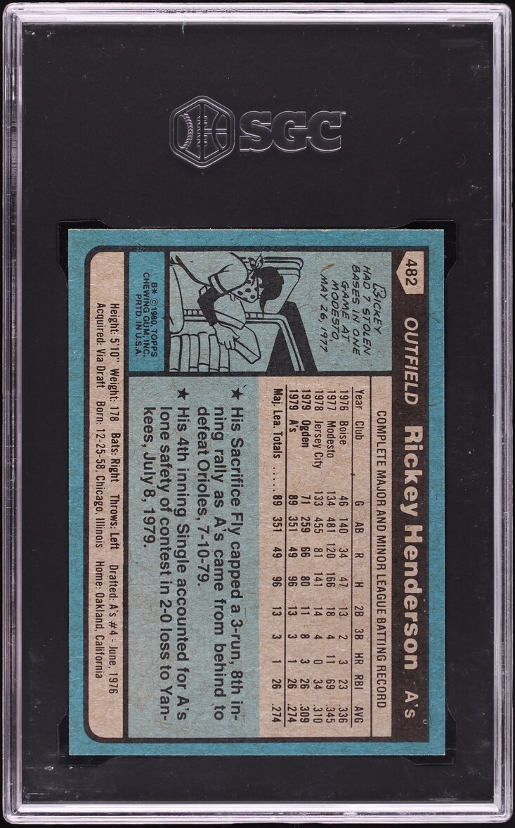 1980 Topps Rickey Henderson ROOKIE #482 SGC 9.5 MINT+ - Photo 2